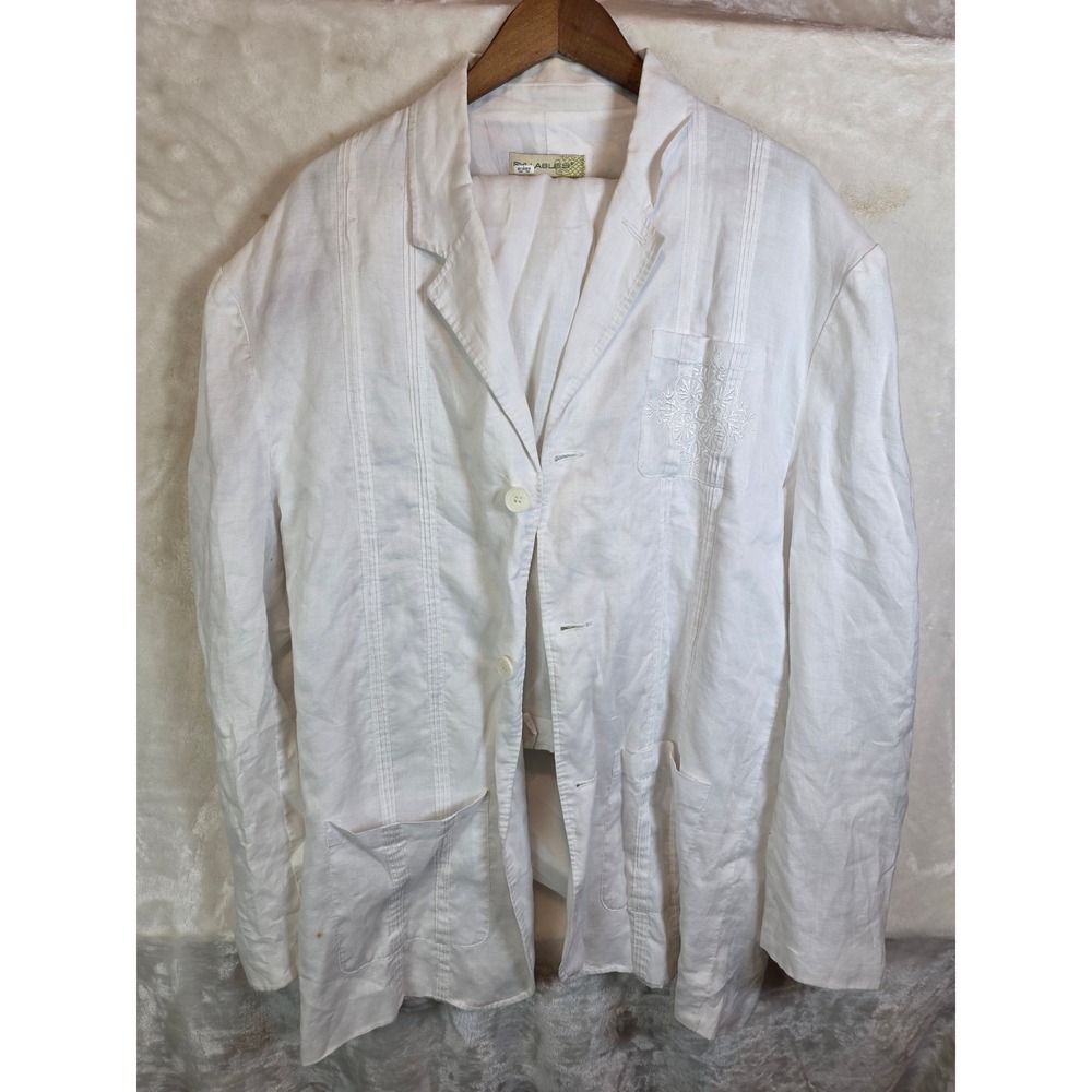 Syllables Mens White 100% Linen 2pc‎ Guayabera Suit Embroidered Blazer Pants XXL